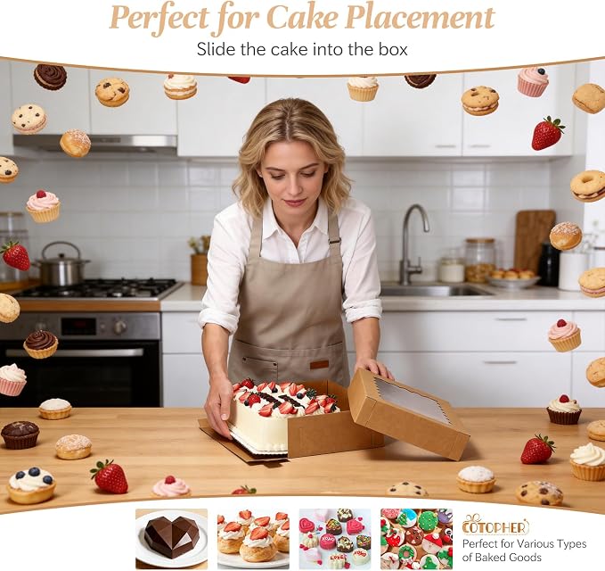 COTOPHER 14x10x4 In Sheet Cake Boxes, 16 Pcs Brown Bakery Boxes with Large Window (8 Boxes & 8 Boards), Cake Containers for Quarter Cakes, Donuts, Cupcakes, Brownie, Pastry & Pies Packaging