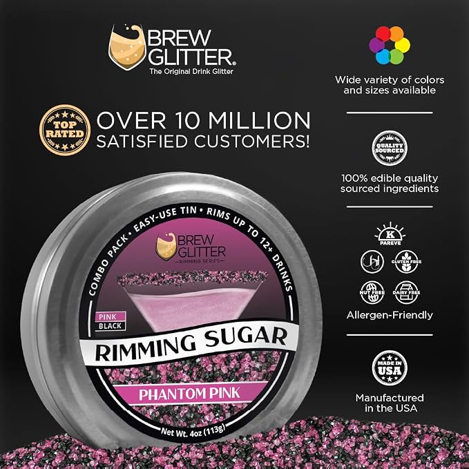 Rimming Sugar - Pink & Black Phantom Pink Mix (4oz 1x Tin) | Cocktail Drink Rimmer for Beverages, Cocktails, Margaritas by Brew Glitter