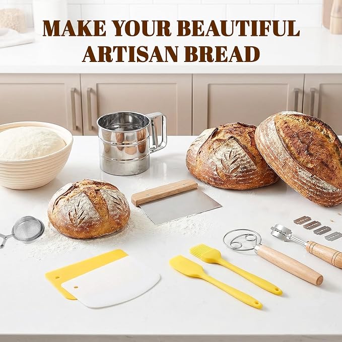 Sourdough Bread Baking Tool Set with Bread Lame & Blades Danish Dough Whisk Bowl Scraper Dough Scraper, Cleaning Brushand Silicone Brush Filter Tennis Ball,Spraying template, Sourdough Starter Kit
