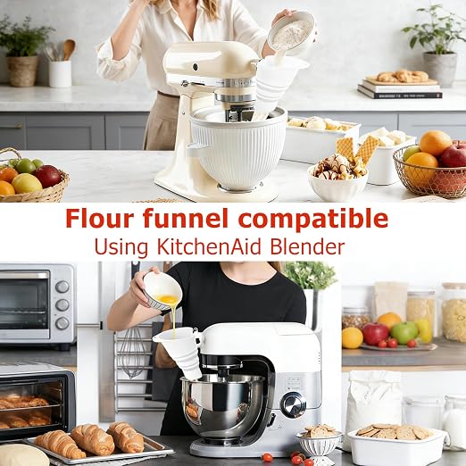 Flour Funnel Attachment for KitchenAid Stand Mixer, Hands-Free No-Spill Pouring Shield for Tilt-Head 4.5 & 5 Qt Bowls (KSM150), Dishwasher Safe Baking Accessory for Dry & Liquid Ingredients (Soft)