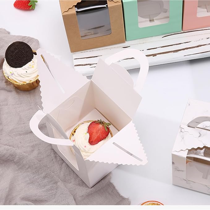 100 Pack Single Cupcake Boxes with Window, White Individual Cupcake Containers with Handle, 3.7x3.7x4.5 Inch Kraft Paper Favor Bakery Container for Small Cake, Muffins, Birthday, Wedding