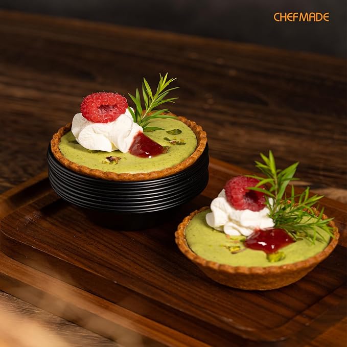 CHEFMADE Mini Egg Tart Pan Set, Non-Stick 3 Inch 12Pcs Round Tart Molds for Baking, Mini Baking Pans for Egg Tarts, Cupcakes, Quiche, Oven & Air Fryer Safe (Black)