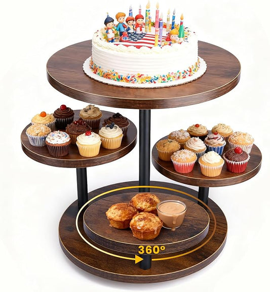 CMOOD 4 Tier Round Cupcake Tower Stand, Wooden Cupcake Stands for 50 Cupcakes, Rotatable Wood Dessert Display with Tiered Tray, Wooden Cake Tier Stand for Wedding Birthday Party Graduation