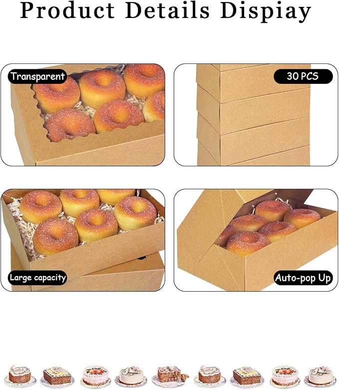 qiqee Auto-pop up 9x6x2.5 Inch Brown Cookie Box with Window 30Pcs Pastry Macaron Bakery Box For Packaging
