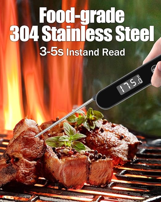 Meat Thermometer Digital for Cooking and Grilling,Instant Read Food Thermometer with Battery,Folding Accurate Probe Kitchen Thermometer for BBQ,Backlit LCD,Store by Magnet and Hook (Black)