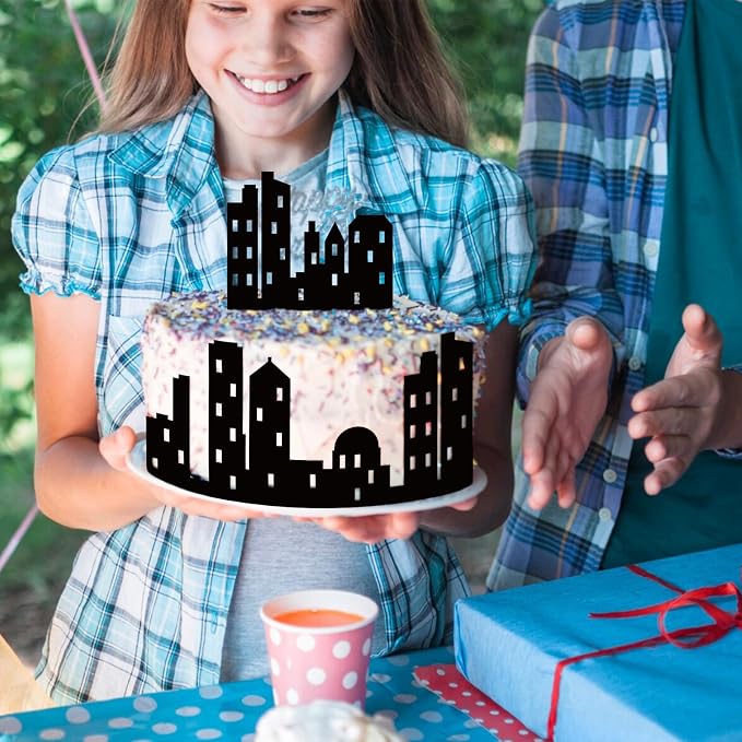 6Pcs City Cake Border Decoration Black City Building Birthday Cake Decoration Toppers Stick On or Lay On Toppers Birthday Decor Accessories for Party Lighted City Backdrop