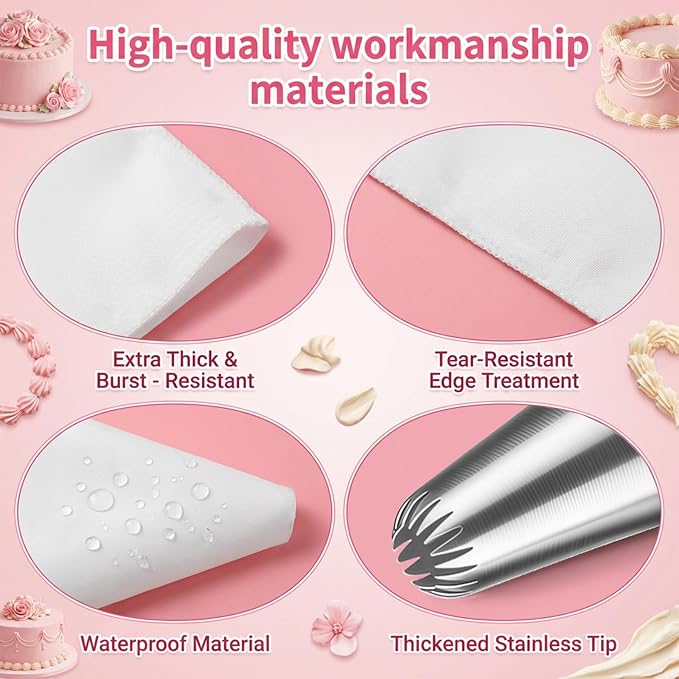9 PCS Frosting Piping Kit, Reusable Piping Bags and Tips Set, Reusable Pastry Bags with 6pcs Large Stainless Icing Tips, Bag Couplers, Cleaning Brush, Professional Baking Kit for Cakes, Cookies