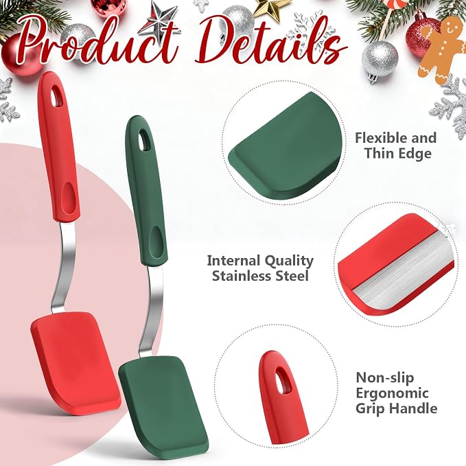 Silicone Cookie Spatula Turner 2 Pack Mini Brownie Spatula Flexible Kitchen Small Silicone Turner for Nonstick Cookware Heat Resistant No Scratch Flipper for Pancake(Solid Flat,Red, Green)