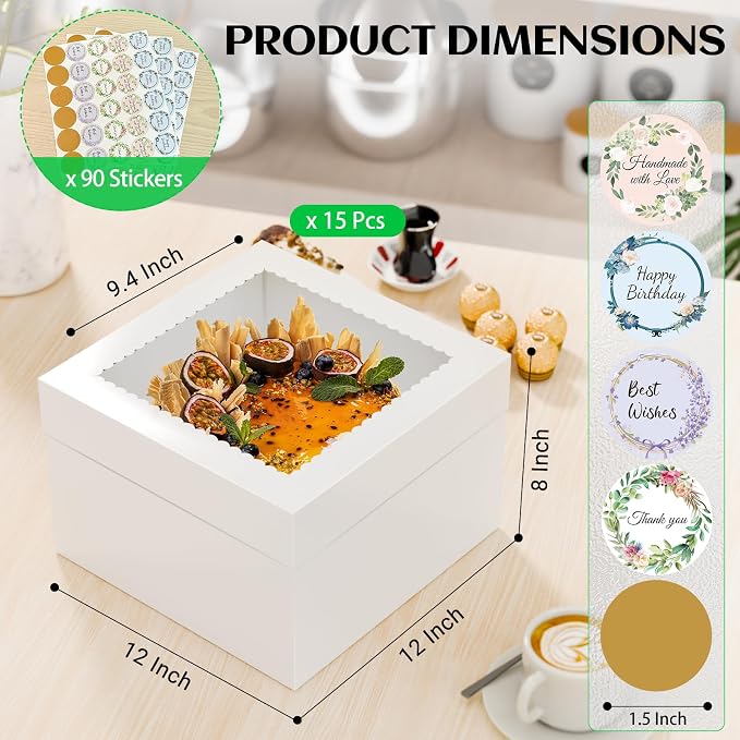 TLAZZ 15 Pcs Cake Boxes, 12x12x8 Inches Tall Cake Boxes with Window, White Square Cheesecake Bakery Boxes, Large Cardboard Cake Baking Boxes with 90 Stickers for Cakes, Pies, Wedding, Birthday Party