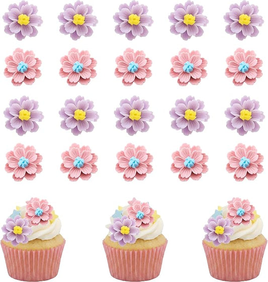 20Pcs Flowers Cupcake Toppers Pink Purple Flowers Cake Topper for Bridal Engagement Baby Shower Kids Birthday Wedding Anniversary Fairy Floral Party Table Decorations