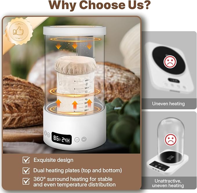 Sourdough Starter Warmer Home Incubator - Upgraded Sour Dough Warmer Box with Double Heating Plates and Warming Dome, 70-100°F Precise 1°F Thermostat, 24H Timer Fermentation Sourdough Heater Mat Tool
