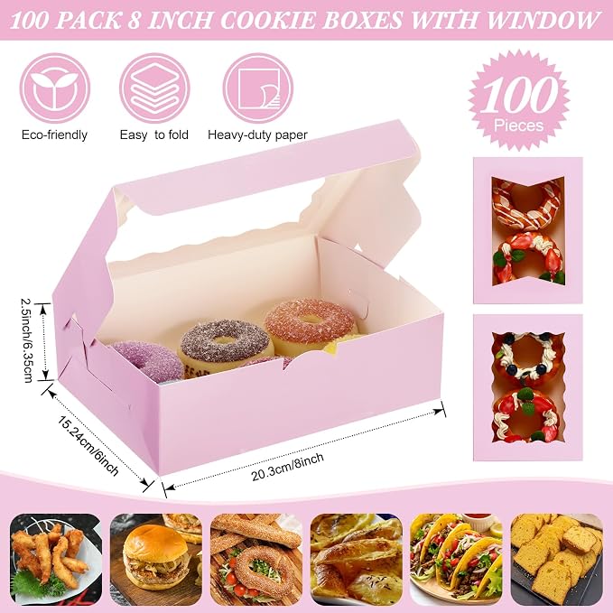 TaoBary 100 Pcs 8 Inch Bakery Boxes 8 x 6 x 2.5 Inch Cookie Pastry Boxes with 2 Style Window for Cookie Treat Chocolate Strawberries Cupcakes Candy Muffins(Pink)