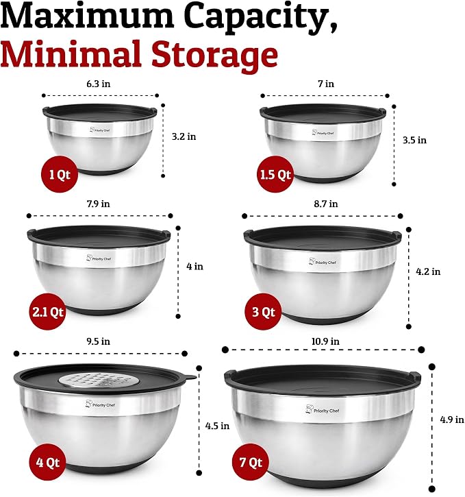 Priority Chef 6Pc Stainless Steel Mixing Bowls with Lids Set, Huge 7 Qrt Size Metal Bowl Set for Kitchen, 3 Graters, Non-Slip Bases & Silicone Utensils Set, Black