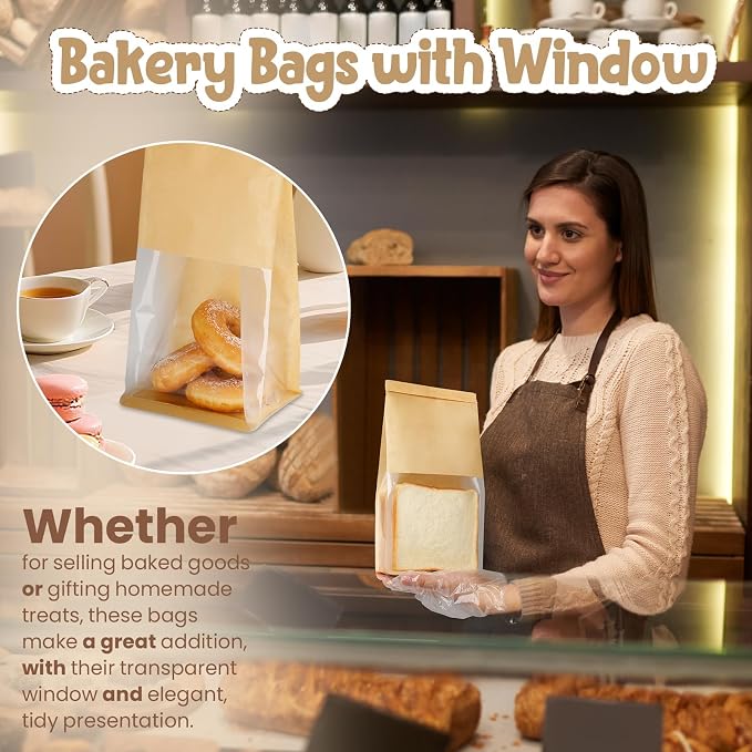 HONKID Bread and Cookie Bags with Seal, 150 Pack 11 x 5.1 x 3.9 Inches Bakery Bags with Window Reusable Tin Tie Tab Lock for Sealed Baked Goods Packaging for Pastry Bagels Breads Treats Cookies Brown
