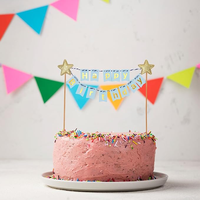 Gosknor Happy Birthday Flag Banner Cake Topper, Glitter Gold Star Blue Flags Birthday Cake Flag Decor for Party Decorations Supplies