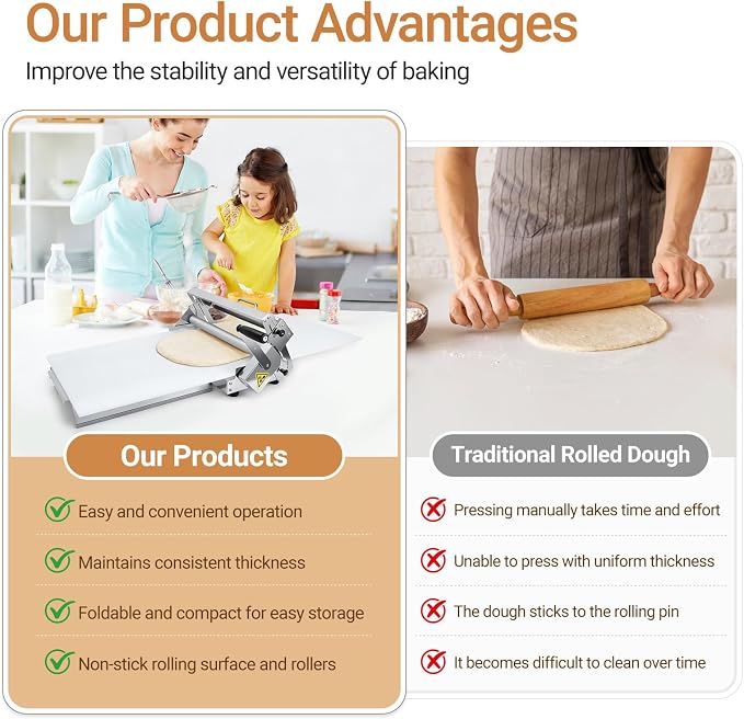 Folding Dough Sheeter Machine, Manual Dough Sheeter Machine, Stainless Steel Dough Laminator, 55 Adjustable Thickness for Home Bakery and Commercial Kitchen, Ideal for Pizza, Pasta, Croissants 40×90cm