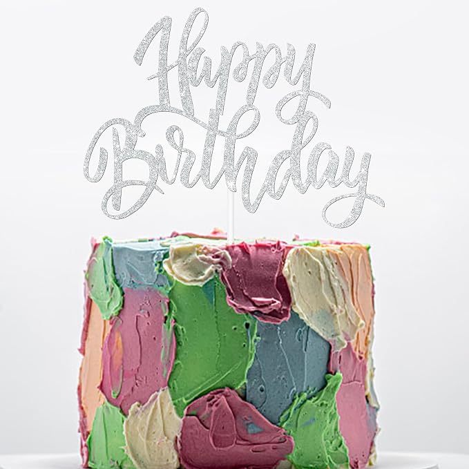 Happy Birthday Cake Decorations, Gold Double-Sided Glitter Letters, Birthday Party Supplies, Cake Topper Decorations (Silver)