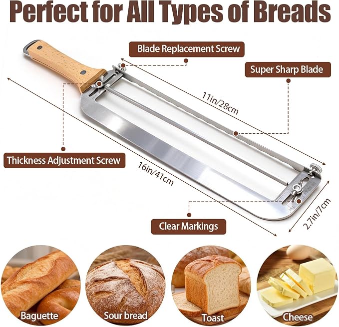 Adjustable Bread Slicer for Perfect Slices - Bread Knife for Homemade Bread with Thickness Guide - Premium Sharp Stainless Serrated Blade for Sourdough Baguettes Bagels Loaves - Gift for Artisan Baker