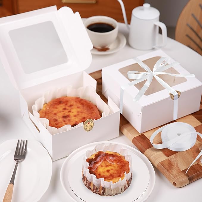 KEEPARTY 28PCS 8x8x4 Inches White Bakery Boxes with Window Bulk Cardboard Pastry and White Cake Round Boards ribbon and stickers for Cookies Pies Gifts and Birthday Party Elegant Pastry Boxes
