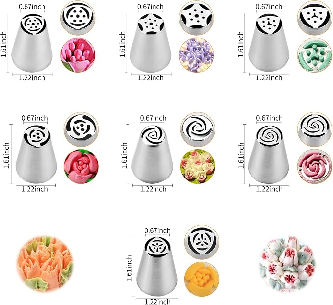 7-Pieces Large Russian Piping Tip, 304 Stainless Steel Korean Style Nozzle, Creative Frosting, Buttercream, and Bean Paste Decorating Tip for Cupcakes, Cookies, and Desserts (L, Style 1)