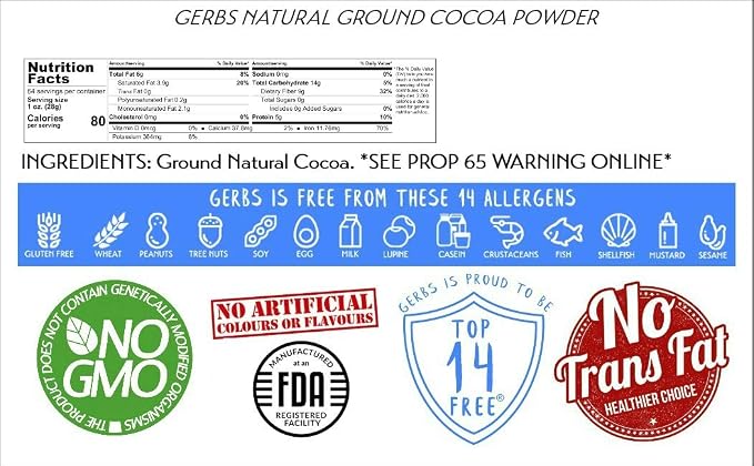 Gerbs Natural Cocoa Powder 4 lbs. | 10-12% Cocoa Butter Fat, Resealable Bag | Classic Unsweetened Cocoa | Top 14 Allergen-Free