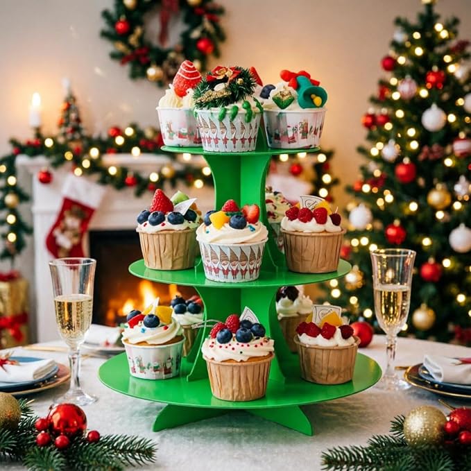 YLDW Cupcake Stand, 3-Tier Cupcake Stand Display, Cardboard Cup Cake Tower Stand, Disposable Dessert Stand for Birthday Tea Party Baby Shower Treat Decorations, Green