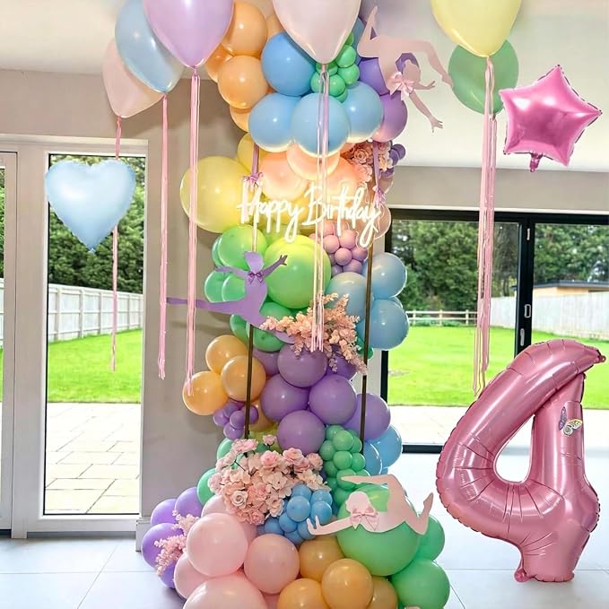 4th Pastel Birthday Party Decorations for Girls Number 4 Balloon Happy Birthday Banner Butterfly Stickers Star Heart Foil Balloons for 4 Year Old Easter Party Decor