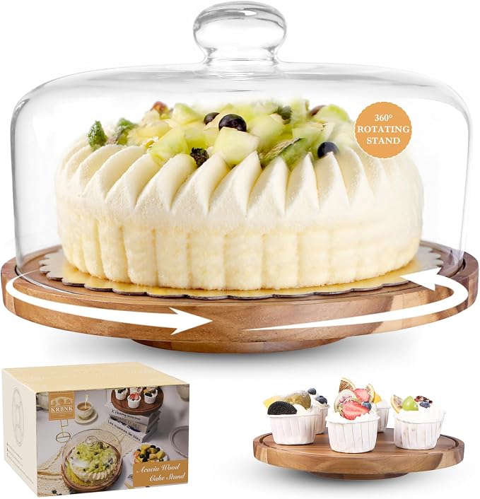 Glass Rotating Cake Stand with Lid - 12" Acacia Wood Cake Plate with Dome, Round Cake Holder with Cover for Wedding, Birthdays, Party Display, Charcuterie Tray, Spinning Cake Turntable, Glass Cake Dome