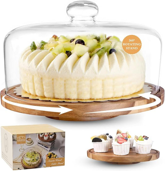 Glass Rotating Cake Stand with Lid - 12" Acacia Wood Cake Plate with Dome, Round Cake Holder with Cover for Wedding, Birthdays, Party Display, Charcuterie Tray, Spinning Cake Turntable, Glass Cake Dome