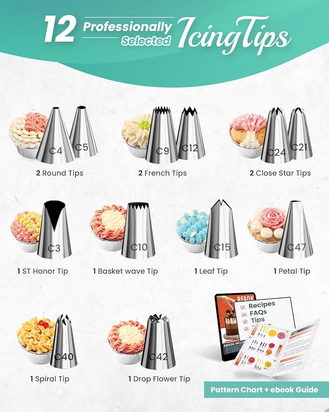 RFAQK 72PCs Cake Decorating Supplies Kit for Beginners - Cake Turntable with 50 Piping Bags, Bags Coupler, 12 Numbered Piping Tips, Offset & Straight Spatula, Icing Scrapper Set for Cake Decoration