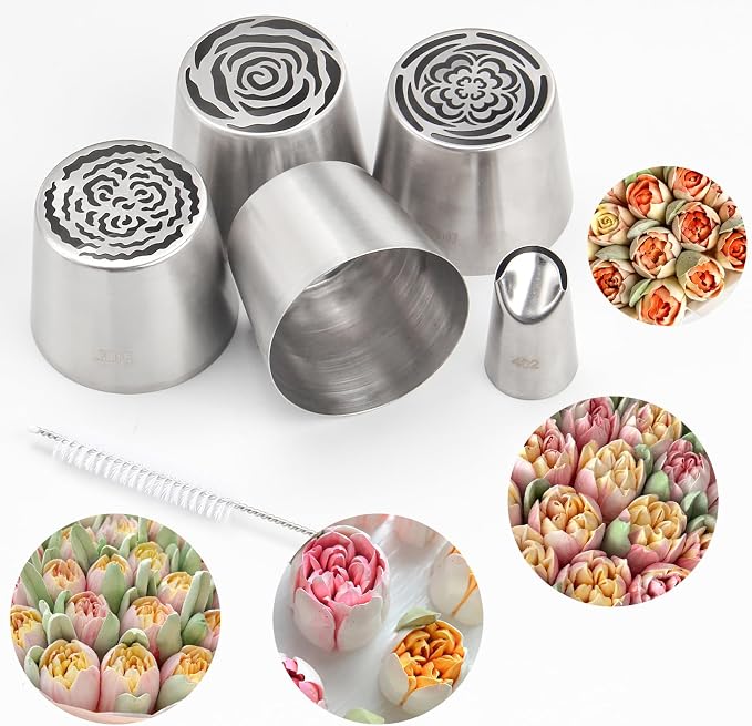 4pack Russian Piping Flower Nozzles Extra Large, Stainless Steel Rose Floral Piping Nozzles for Cake Decorating Icing, Cream Flower Bouquet DIY Cookies, Desserts Baking Tools (XXL, 4A）