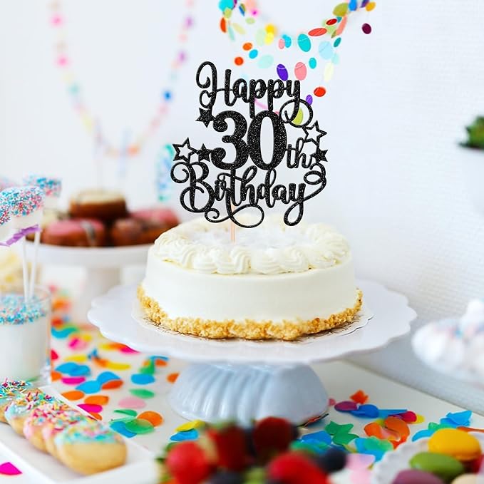 1 PCS Happy 30th Birthday Cake Topper Glitter Cheers to 30 Years Birthday Cake Pick Hello 30 Fabulous Cake Decoration for Happy 30th Birthday Anniversary Party Decorations Supplies Black