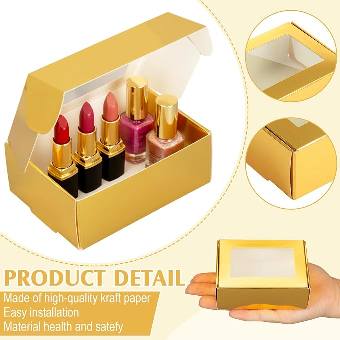 Zonon 60 Pcs Soap Boxes for Homemade Packaging, Mini Kraft Boxes with Window for Bakery Candy Soap Making Gift Packaging, 3.7x2.6x1.4 Inch (Light Gold)