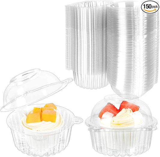 150 Pcs Cupcake Holders with Dome Lids, Stackable Individual Plastic Muffin Containers, Cute Dessert Boxes Disposable for Bake Sale, Party Favor Cake, Fruit, Salad, Cocoa Bombs (Clear)