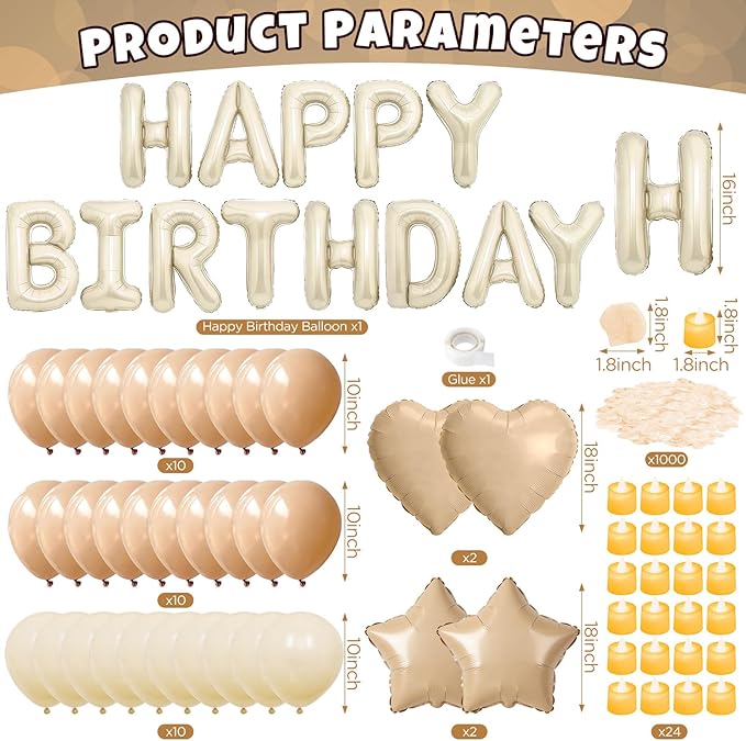 Neutral Happy Birthday Balloons Decorations Beige Cream Neutral Birthday Balloon Letters Banner with Star Heart Balloons 1000 Artificial Rose Petals 24 Flameless LED Candles for Birthday Party Supply