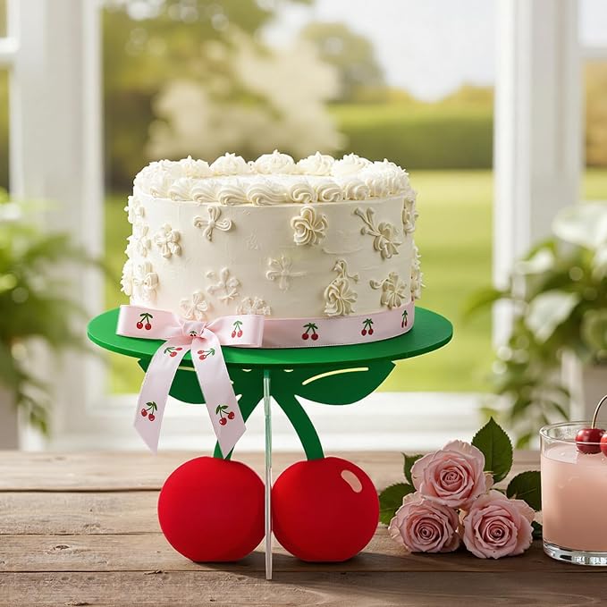 Lallisa 12" Cherry Cake Stand 3D Red and Green Cherry on Top Party Decorations PVC Dessert Holder Centerpieces for Birthday Baby Shower Wedding Party Supplies