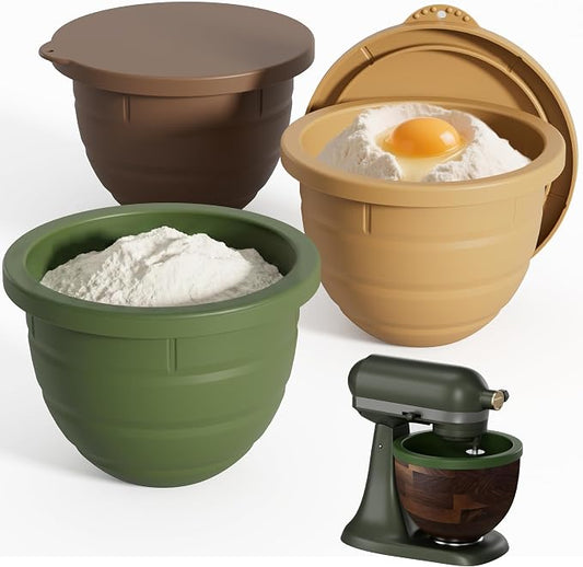 Silicone Bowl Liner Compatible with Kitchenaid Walnut Wood Mixing Bowl 5 Qt, Fits 2024 Evergreen & 2025 Tilt-Head Stand Mixer Accessories, 3 Food-Grade Liners with Lids, Dishwasher Safe