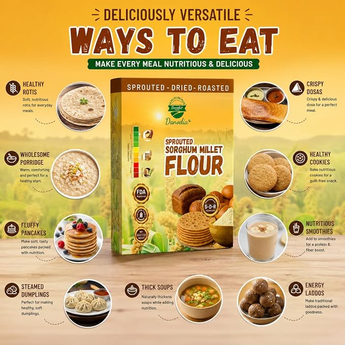 Danodia Foods Sprouted Jowar Flour 950g / 2 lb, Sorghum Flour/Jowar Atta, Roasted & Ground Millet Flour for Roti, Bhakri, Flatbread, Porridge & Baking, Indian & US Pantry