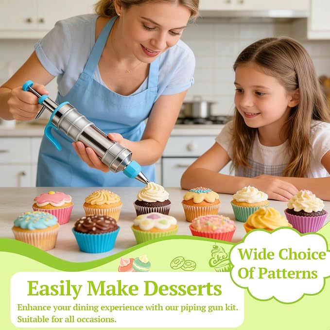 Suuker Dessert Decorating Syringe Set | Frosting Piping Kit, Stainless Steel, 54 Piping Tips, 9 Silicone Baking Cups