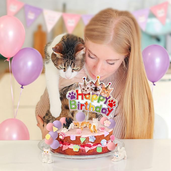 Hooqict 34Pcs Cat Cake Decorations Set with Mini Cats Figurines Cute Paw Balls Cake Toppers & Cupcake Toppers for Kids Pet Cat Themed Birthday Party Decorations Supplies