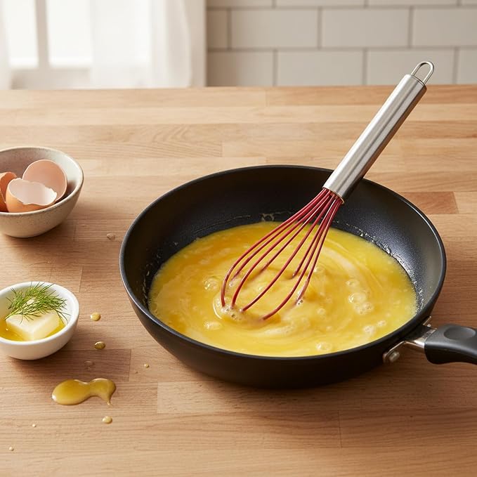 Red Silicone Egg Whisk with Stainless Steel Handle, Non-Scratch Coated Wires for Mixing Batters and Eggs in Non-Stick Cookware