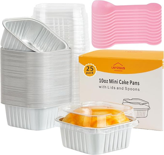 LNYZQUS 4” Mini Cake Pans with Lids 25 Pack,10oz Small Foil Baking Tins Individual Muffin Cups for Bread Brownies, Disposable Square Cupcake Containers for Wedding Holiday Bake Sale-White