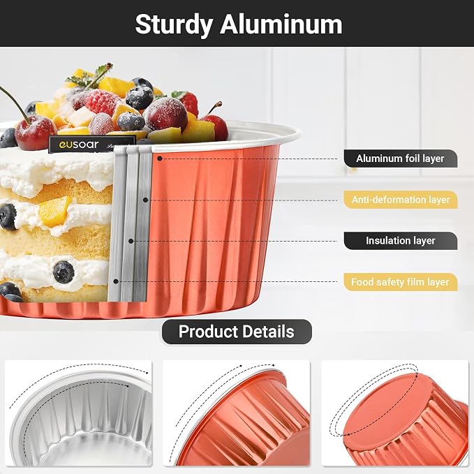 EUSOAR Cupcake Liners, 100pcs 5oz Creme Brulee Ramekins Disposable Muffin Liners with Lids, Aluminum Foil Cupcake Wrappers Baking Cups Holder Mini Cheesecake Pans for Catering Club Wedding Party