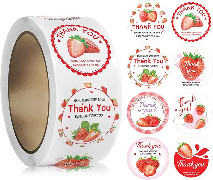 500PCS Strawberry Thank You Stickers Pink Red Hand Made with Love 1 Inch Round Roll Stickers Cute Fruit Decals StrawberryThemed Birthday Party Favors Envelope Seals Cards Gift Wrapping(Strawberry)