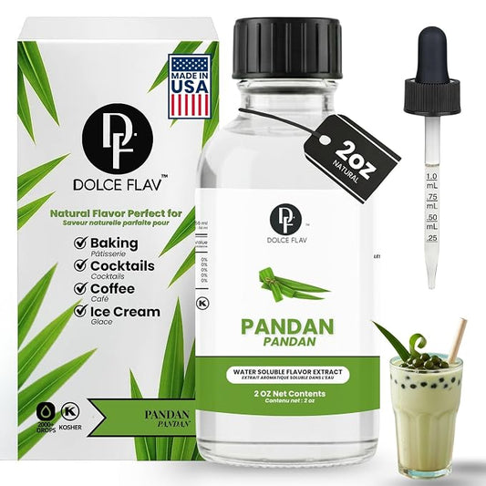 Dolce Flav Pandan Extract, Water Soluble – 2 oz | Southeast Asian Flavoring for Baking, Desserts, Beverages & Syrups – Sugar Free, Kosher, Allergen Free
