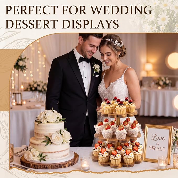 Novabright 3 Tier Scalloped Cupcake Stand, Acacia Wood Dessert Tower Display for Wedding Birthday Baby Shower Party, Rustic Tiered Cake Stand Holds 24 Cupcakes, 9/11/13 Inch, Easy Assembly