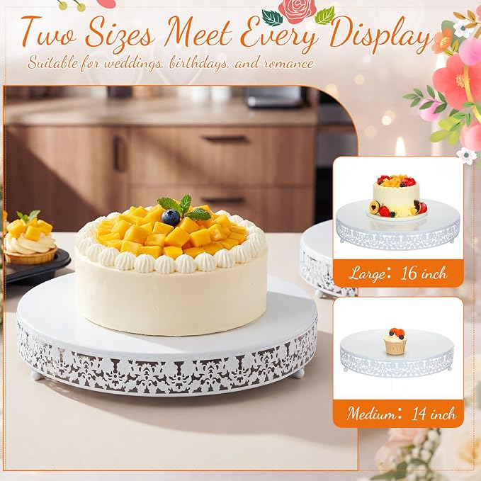 Wenqik 2 Pack Cake Stand Set, 14/16 Inch Metal Round Cupcake Dessert Stand Decorative Elegant Cake Display for Weddings Party Birthday Baby Showers Anniversary(Classic Floral,White)