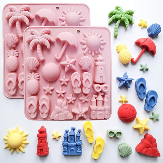 Summer Beach Theme Chocolate Molds, 2PCS Summer Party Fondant Candy Jelly Baking Ice Cube Silicone Molds, Coconut Tree Sun Shell Starfish Marine Cake Decor Mold, Unique Resin Candle Soap Mold