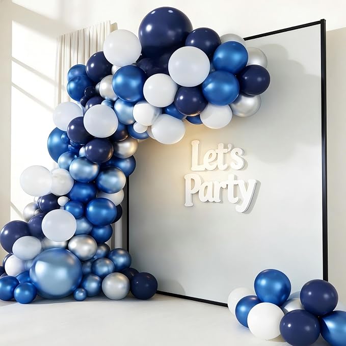 Blue White Silver Balloon Garland Arch Kit, 143 Pieces Navy Light Metallic Blue Silver White Balloons for Wedding Bridal Shower Graduation Birthday Party Decorations