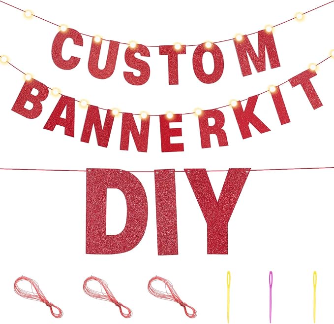 TaoBary 112 Pcs DIY Letter Kit Glitter Customizable Banner Letters Include 107 Letters and Numbers 3 Rope and 2 Needles for Birthday Halloween Christmas Wedding Valentine Party Decor(Red)